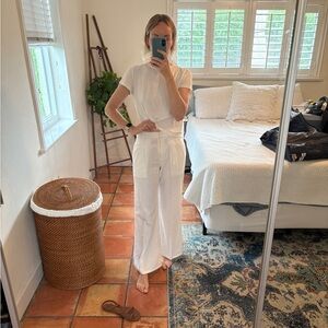 Anthropologie White Wide-Leg Linen Touser